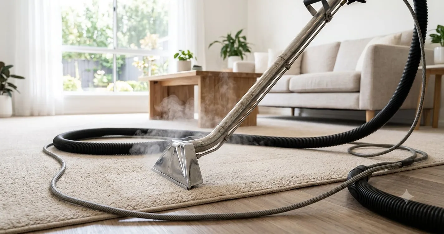 Steam cleaning wand deep-cleaning a beige living room carpet in Soquel, CA