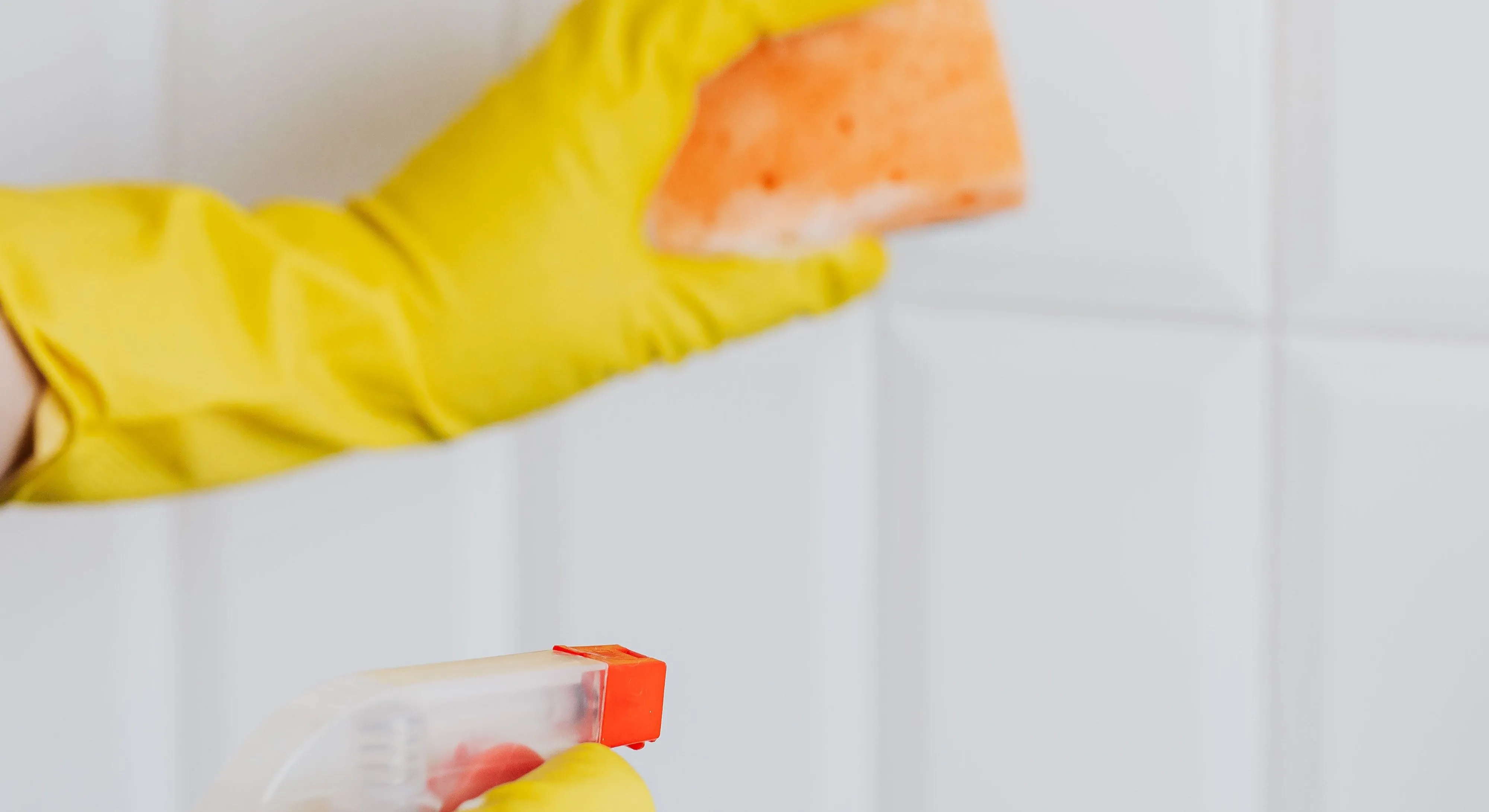 Cleaning a tiled wall with a sponge and spray cleaner in Soquel, CA